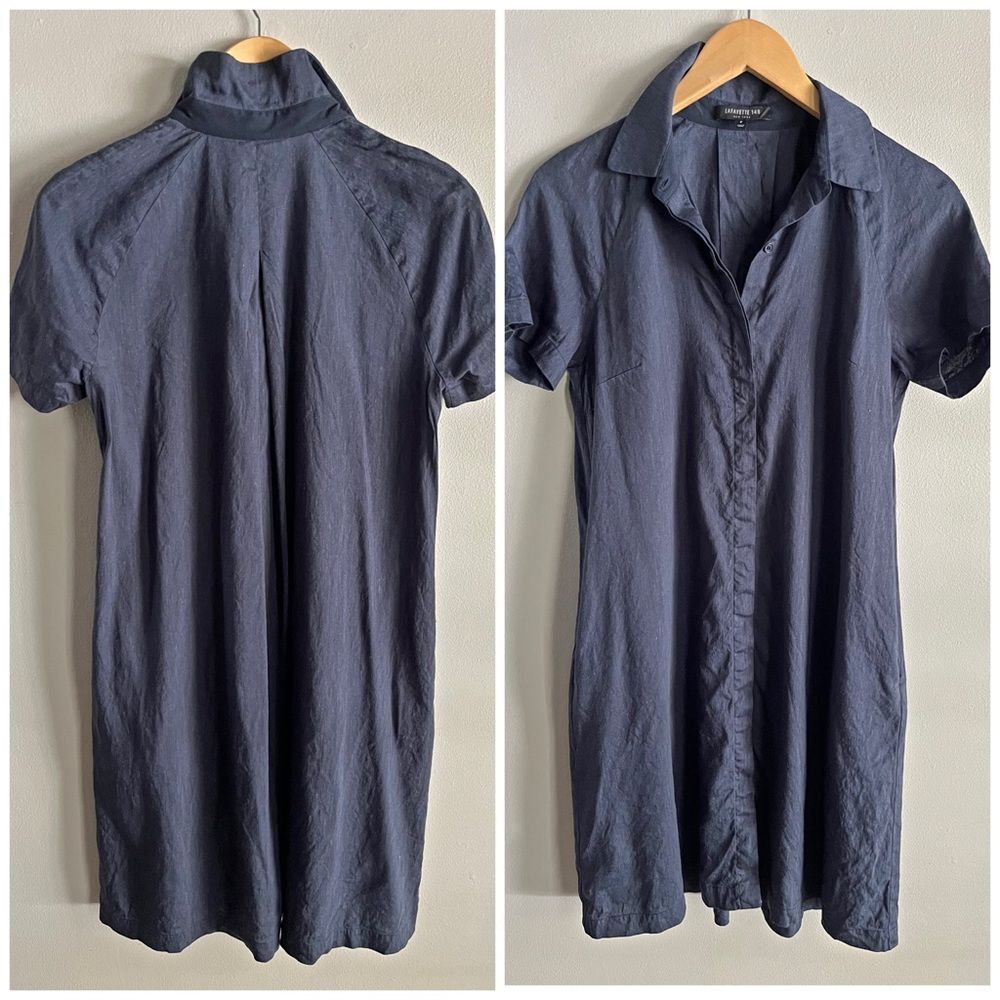 Lafayette 148 New York Linen Blend Shirt Dress Petite XS Blue